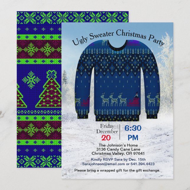 Ugy Sweater Christmas Party, Blue with Deer, ZPR Einladung (Vorne/Hinten)