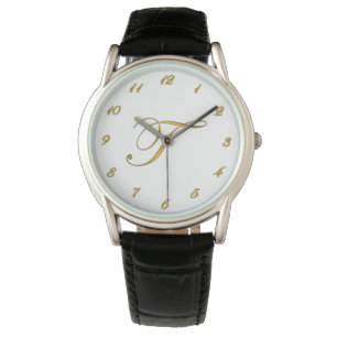 Uhr der Goldmonogramm-Initialen-T mit Goldzahlen