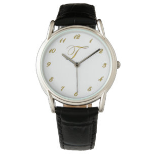 Uhr der Goldmonogramm-Initialen-T mit Goldzahlen