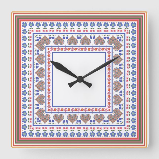 Uhr im Volkskunststil mit quadratischem Rahmen (Vorderseite)