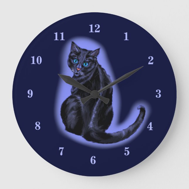 Uhr mit blauer Mit Augen schwarzer Katze in dunkle (Vorderseite)