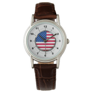Uhr mit braunem Lederarmband und USA-Flagge für Da