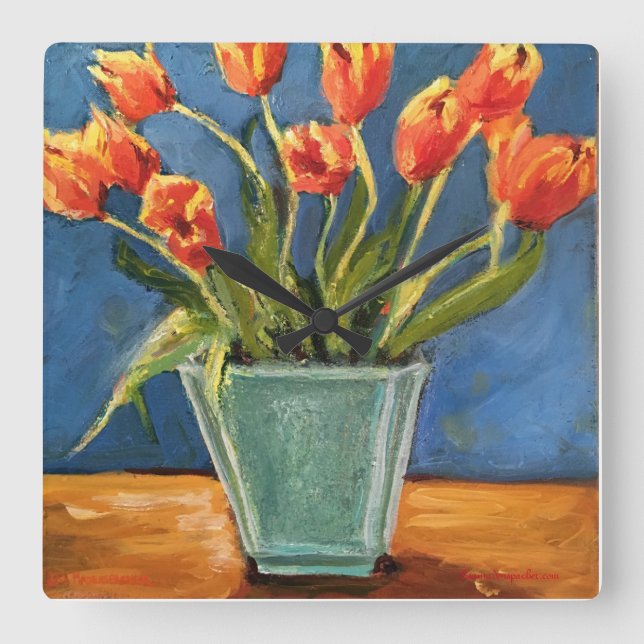 Uhr mit roten orange Tulpen (Vorderseite)