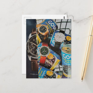 Uhren und Konserven Collage Postkarte