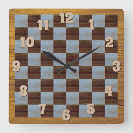 Uhrquadrat auf einem Schachbretthintergrund Quadratische Wanduhr