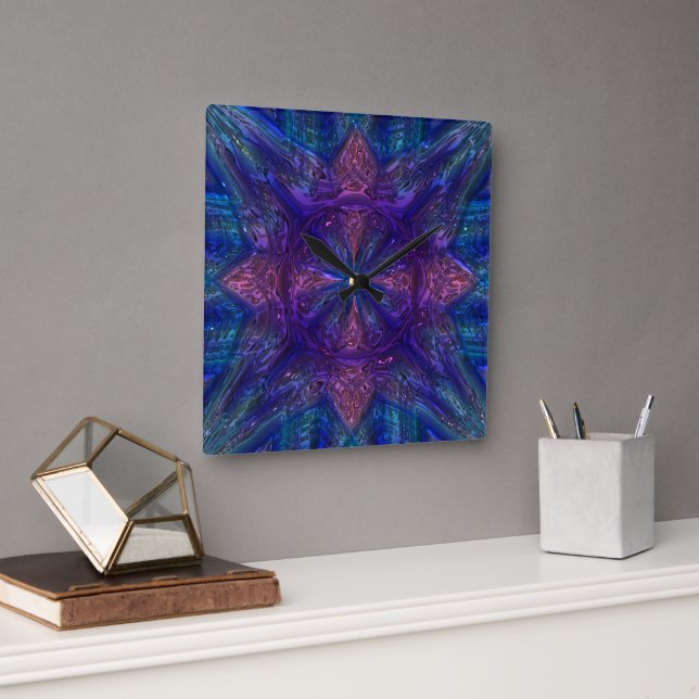 Uhrwerk aus lila Metallglas in schimmerndem Blau Quadratische Wanduhr (Büro)