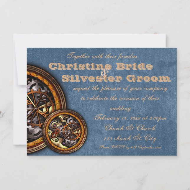 Uhrwerk und Leder, 4.5x6.25 Hochzeit Einladung (Vorderseite)