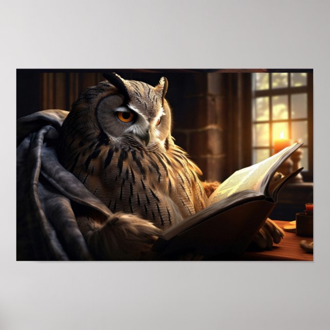 Uhu mit Sitzgelegenheit beim Lesen eines Buches Poster (Vorne)
