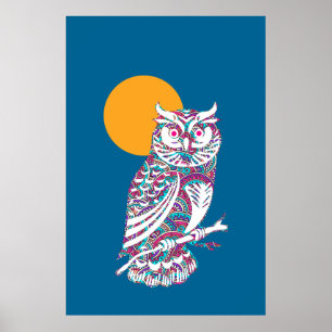 Uhu und Mond mit bunten Farben Poster