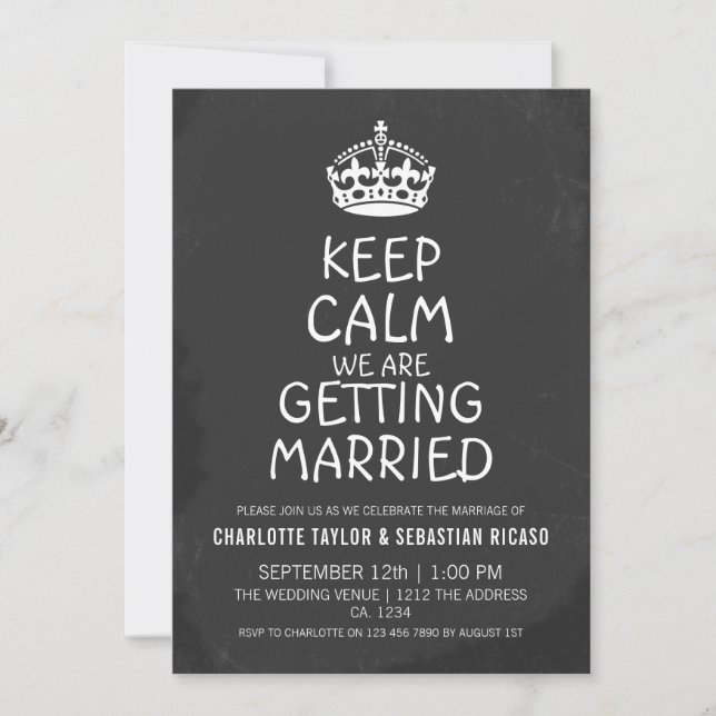 UK Behalte Calm Wedding Britain Chalkboard Crown Ankündigung (Vorderseite)