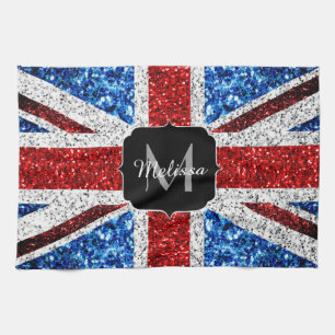 UK-Flagge rot blau weiß Glitter Glanz Monogramm Geschirrtuch