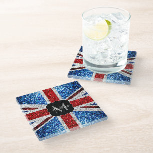 UK-Flagge rot blau weiß Glitter Glanz Monogramm Glasuntersetzer