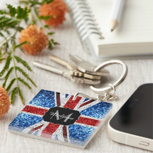 UK-Flagge rot blau weiß Glitter Glanz Monogramm Schlüsselanhänger