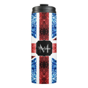 UK-Flagge rote und blaue Funken glänzt Monogramm Thermosbecher
