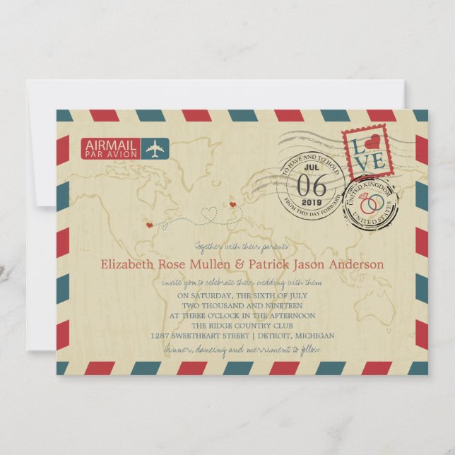 UK/Michigan USA Airmail | Hochzeit Einladung (Vorderseite)