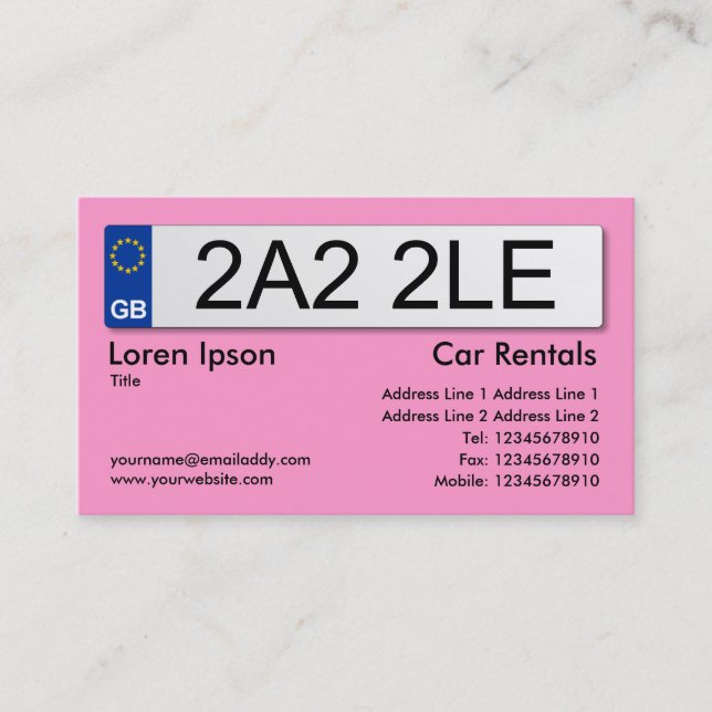 UK Nummernschild - Rosa Visitenkarte (Vorderseite)
