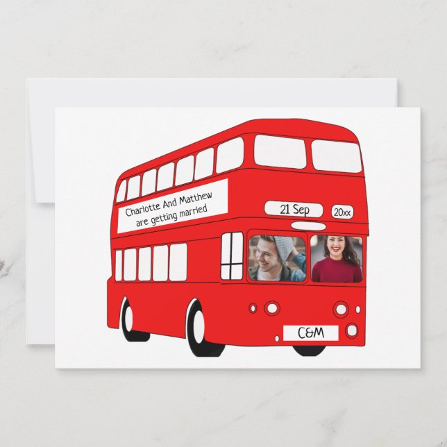 UK Red London Bus British Themed Wedding Ankündigung (Vorderseite)