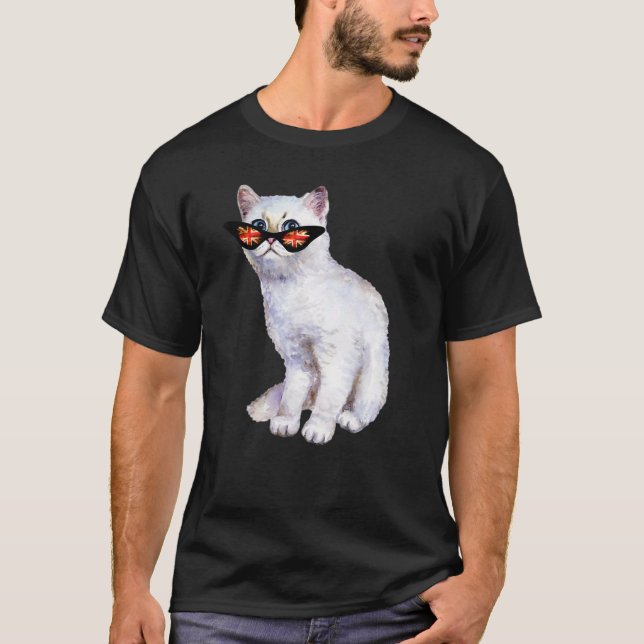 UK Union Jack British Flag England Silver Cat Sung T-Shirt (Vorderseite)