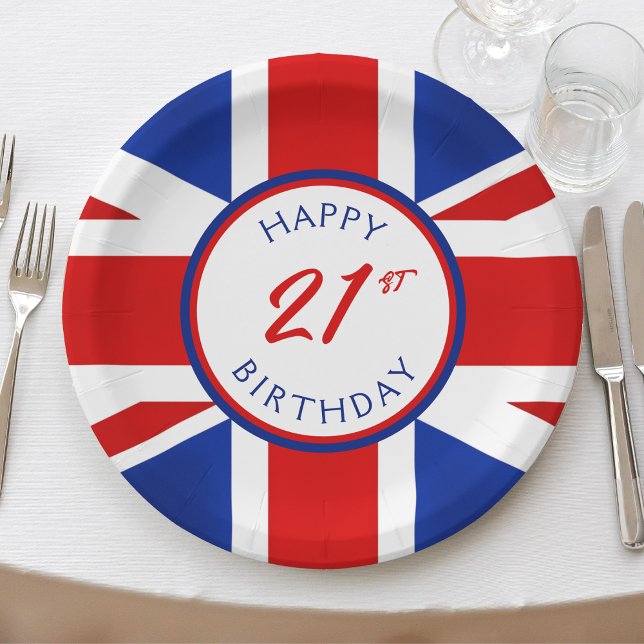 UK Vereinigtes Königreich British Happy Birthday Pappteller (UK United kingdom flag happy 21st birthday paper plates)
