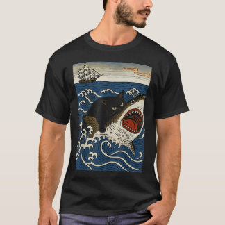 Ukiyo-E-Katze auf Hai Retro Schwarze Katze Hai Rei T-Shirt
