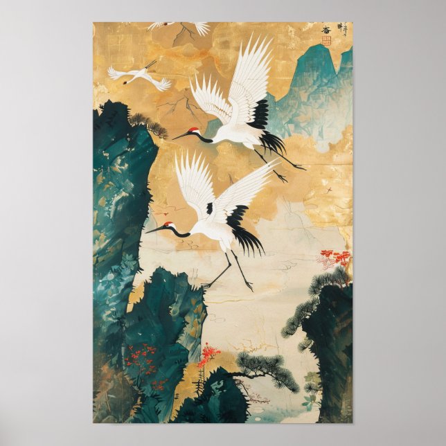 Ukiyo-e Style Two Cranes Poster (Vorne)