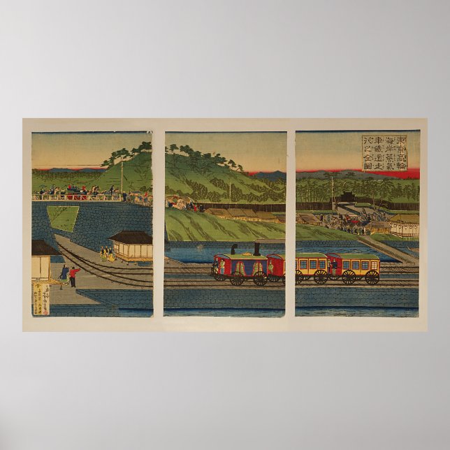Ukiyo-e Triptych: Dampfzug am Takanawa-Ufer Poster (Vorne)