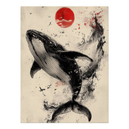 Ukiyo-e Whale Art with Red Sun & Ink Splatter Poster