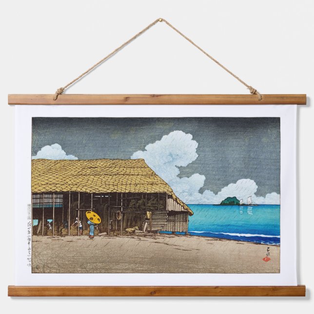 ukiyoe [hasui] C32 Hütte am Meer, Himi, Etchu Wandteppich Mit Holzrahmen (Vorne)