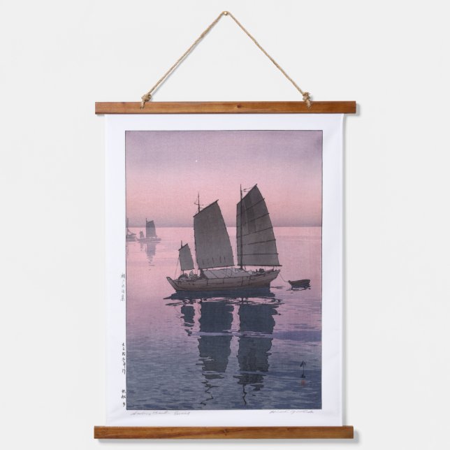 ukiyoe - Yoshida - 12 - Segelboote-Abend - Wandteppich Mit Holzrahmen (Vorderseite)