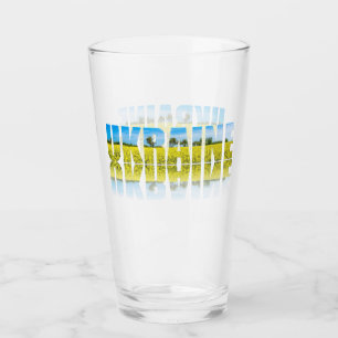 Ukraine-Etikett mit blauem Himmel und gelbem Feld Glas