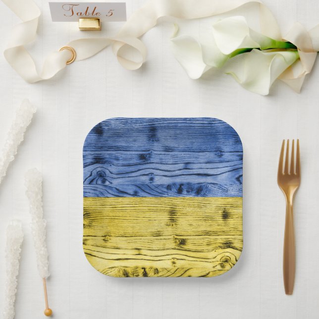 Ukraine-Fahne gelbe Holzstruktur Pappteller (Hochzeit)