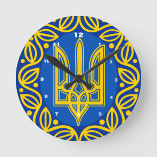 Ukraine, Flag, Coat of Arms, Ukrainian Tryzub Runde Wanduhr