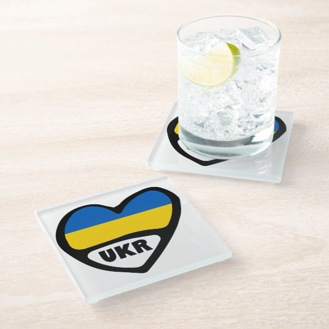 Ukraine-Flagge im Herzen, Ländercode UKR Glasuntersetzer (Schrägansicht)