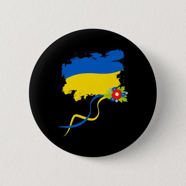Ukraine-Flagge mit volkstümlichen Blumen Ukrainisc Button (Vorderseite)
