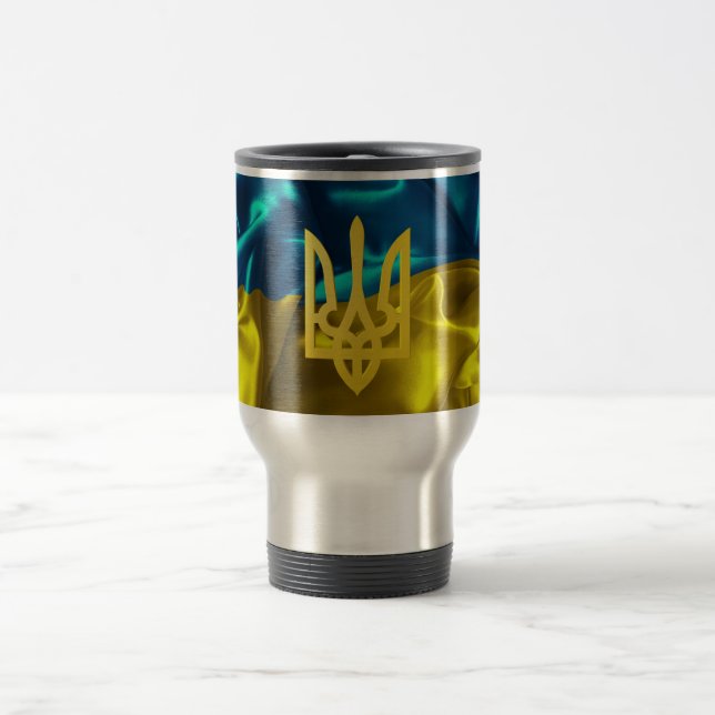 Ukraine-Flagge und Tryzub Reise-Tasse Reisebecher (Mittel)