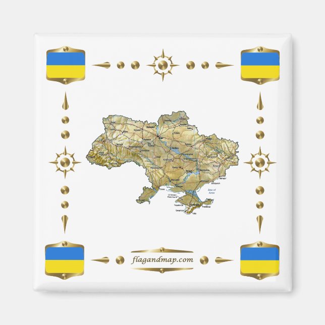 Ukraine Karte + Flaggen Magnet (Vorne)
