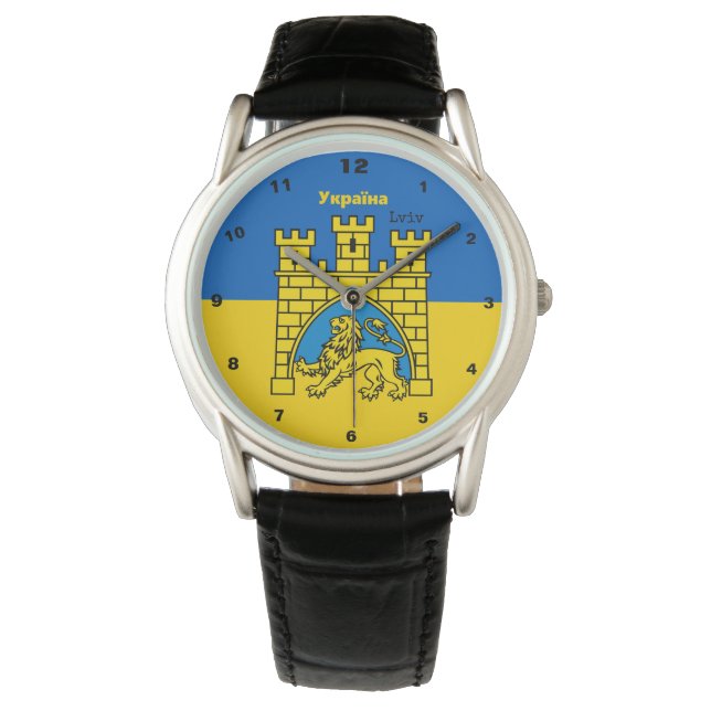 Ukraine & Lwiwer Stadt - Wappen, ukrainische Flagg Armbanduhr (Vorderseite)