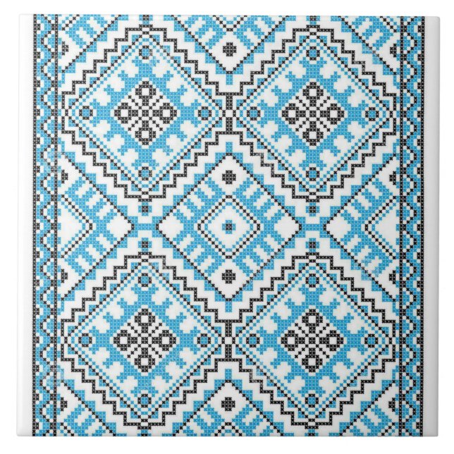 Ukrainer Vyshyvanka Blau-Stickerei Fliese (Vorderseite)