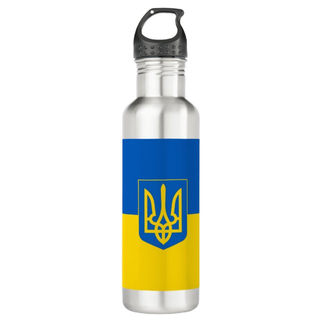 Ukrainian flag. Coat of Arms. We support Ukraine.  Edelstahlflasche (Vorderseite)