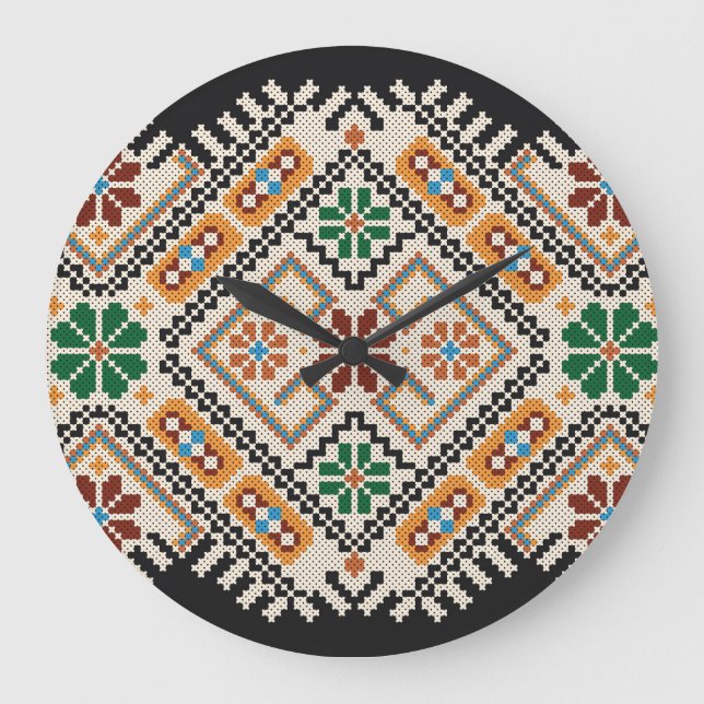 Ukrainisch Cross-Stitch: Ethnisch handgefertigte M Große Wanduhr (Vorderseite)