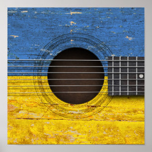 Ukrainische Flagge auf alter Akustikgitarre Poster