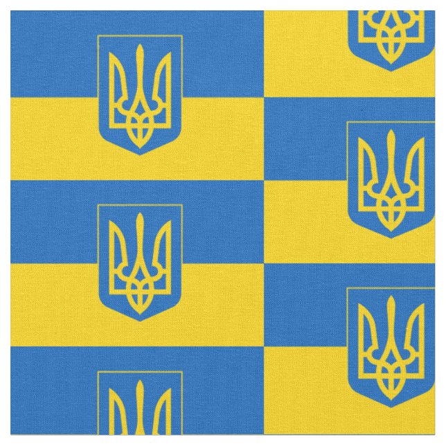 Ukrainische Flagge mit Wappen Stoff (Nahaufnahme)
