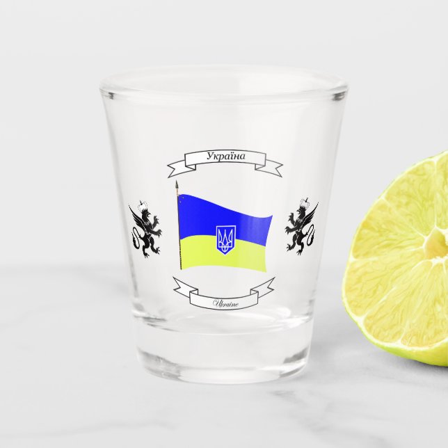 Ukrainische Flagge mit Wappen und Löwen Schnapsglas (Vorderseite)