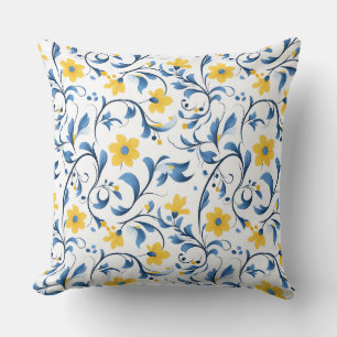 Ukrainische florale Volkskunstmotive. Blau und gel Kissen