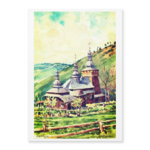 Ukrainische Holzkirche Wasserfarbe 1964