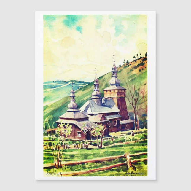 Ukrainische Holzkirche Wasserfarbe 1964 Magnetkarte (Vorderseite)