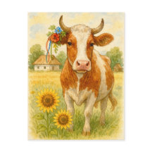 Ukrainische Kuh Sonnenblumen Postkarte