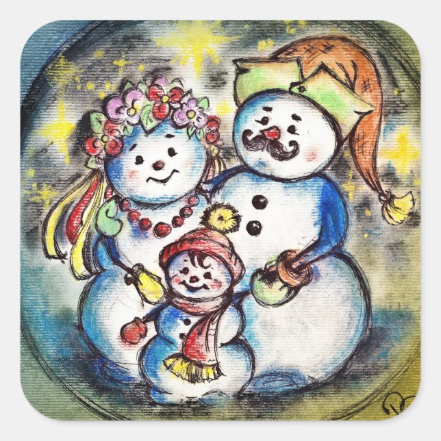 Ukrainische Snowmenfamilie Quadratischer Aufkleber (Vorderseite)