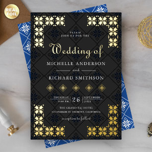 Ukrainische Stickerei Hochzeit Blau Schwarz Gold Folieneinladung