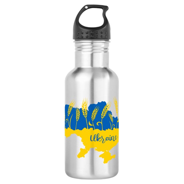 Ukrainische Typografie und Weizenohr auf ukrainisc Edelstahlflasche (Vorderseite)
